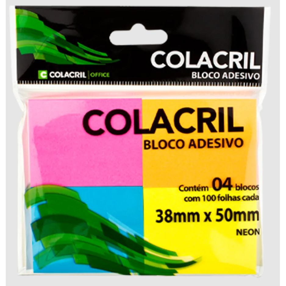 Bloco Adesivo para Recados Neon 38x50mm com 4 Blocos de 100 Folhas cada para Anotações - Colacril