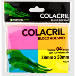 Bloco Adesivo para Recados Neon 38x50mm com 4 Blocos de 100 Folhas cada para Anotações - Colacril