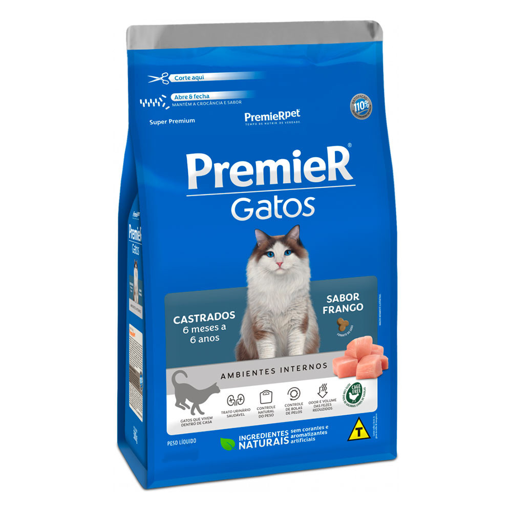 Ração Premier Gatos Castrados 6 Meses a 6 Anos Ambientes Internos Frango 7,5kg em Oferta na Shopee