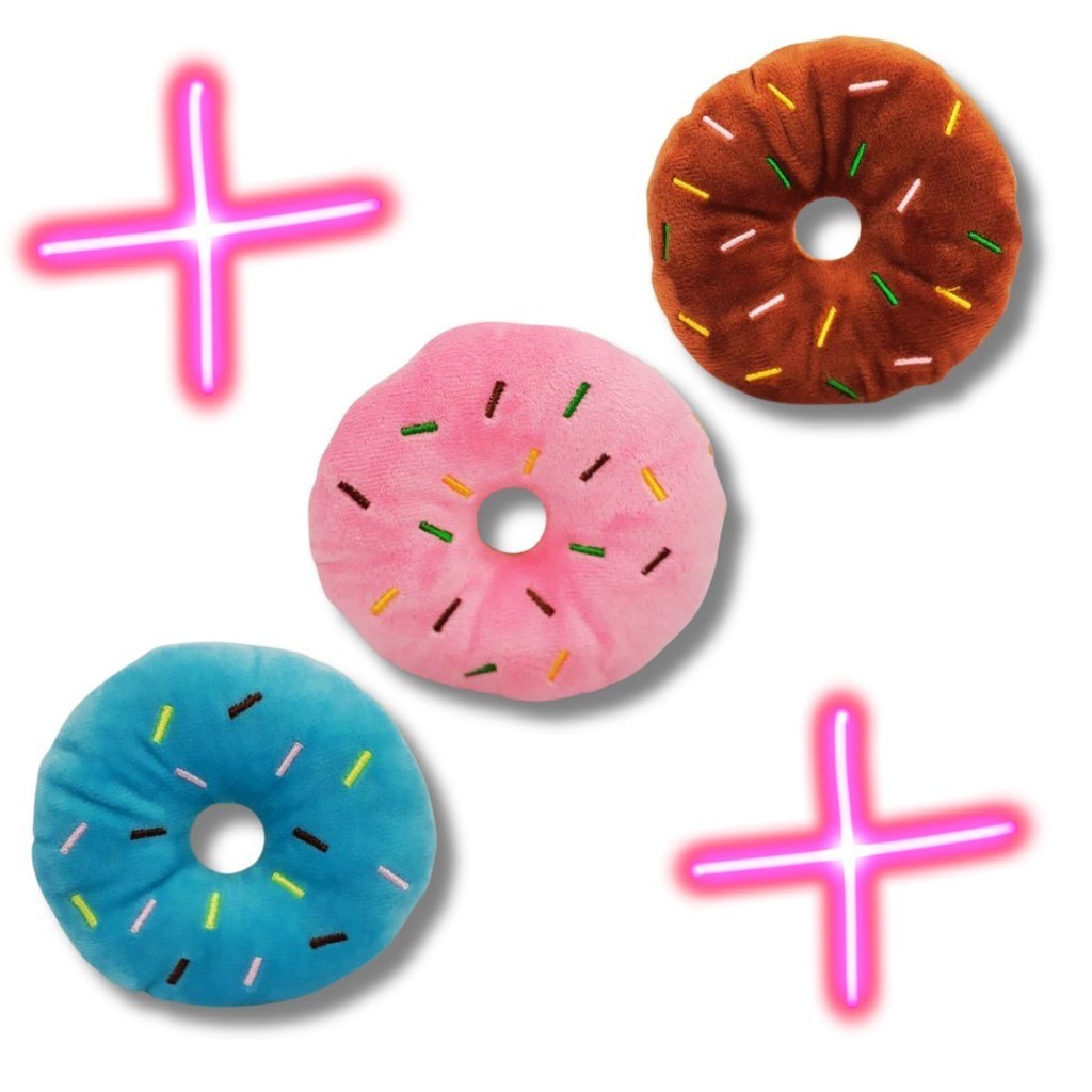 Kit 03 Brinquedo de Cachorro Pet Rosquinha Donuts Azul Rosa Marrom Mordedor com Apito Som