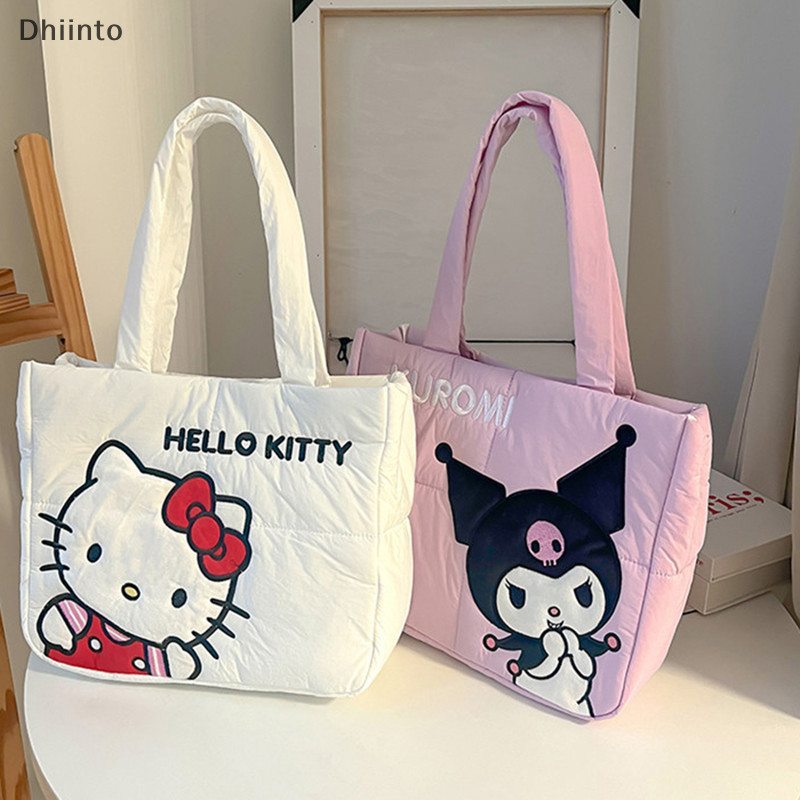[Dhiint] Hellokitty Bolsa Cartoon Cute Down Tecido Sacola Ombro Bonito Papelaria De Grande Capacidade Em
