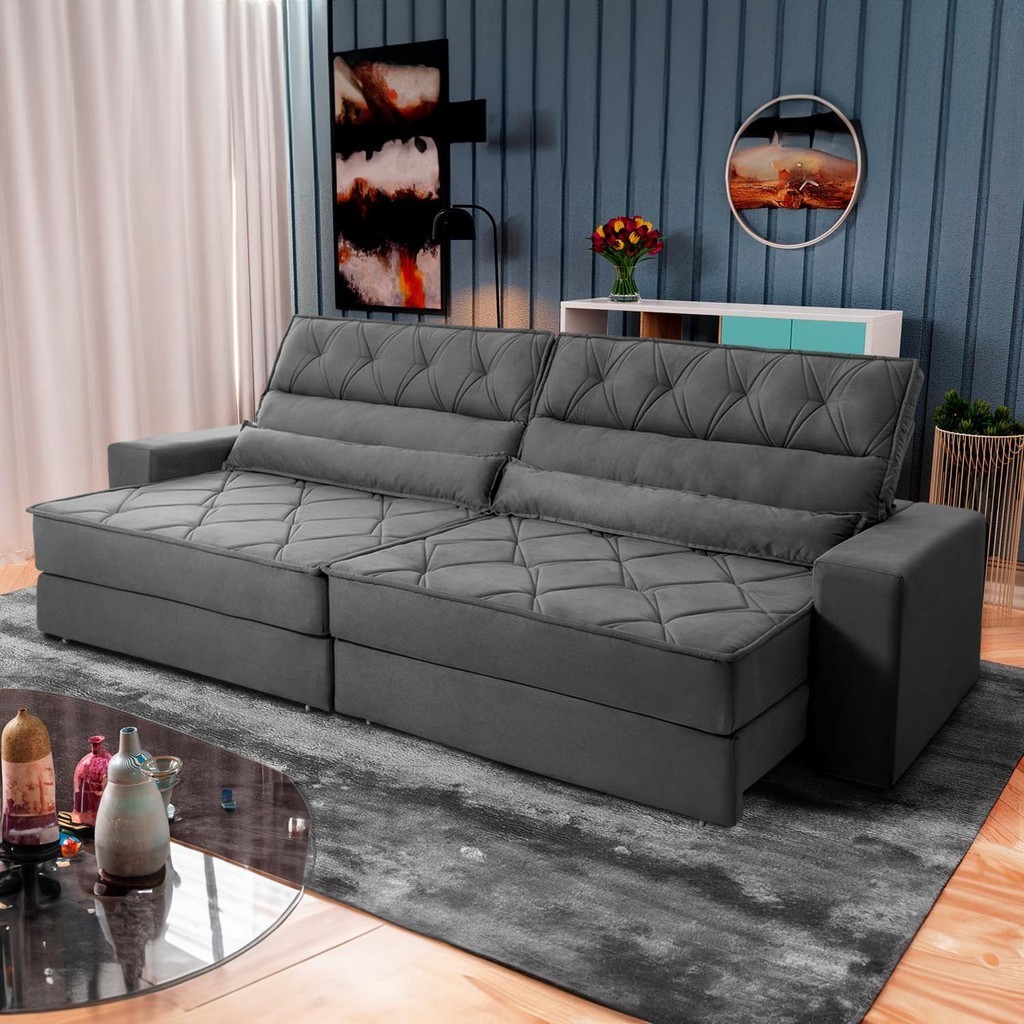 Sofá Retrátil Reclinável 2,30m Albany Suede Velut Cinza Molas Ensacadas - King House - Home & Living