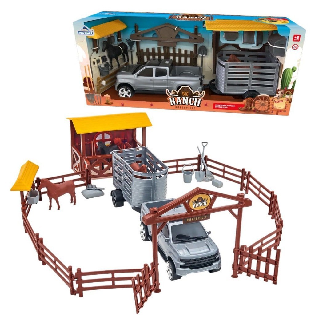 Brinquedo Fazenda Grande Rancho + Camionete Pickup Trailer + Cavalo e Acessórios Brinquedo Faz de Conta - Adijomar