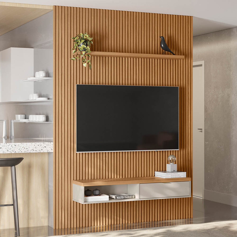 Painel Ripado Para TV 75 Pol Slats e Bancada Lisa 180x250cm L05 Nature Off White - Lyam D…