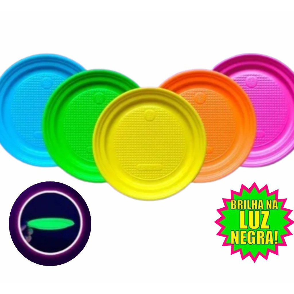 50 Pratinhos Neon Prato Neon 15cm Brilha na Luz Negra 6 Opções de Cores