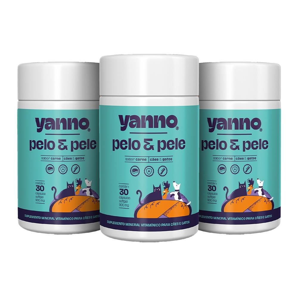 Kit Suplemento Pet Cães e Gatos | Reduz Queda Fortalece Brilho Biotina Colageno 90 Caps Sabor Carne