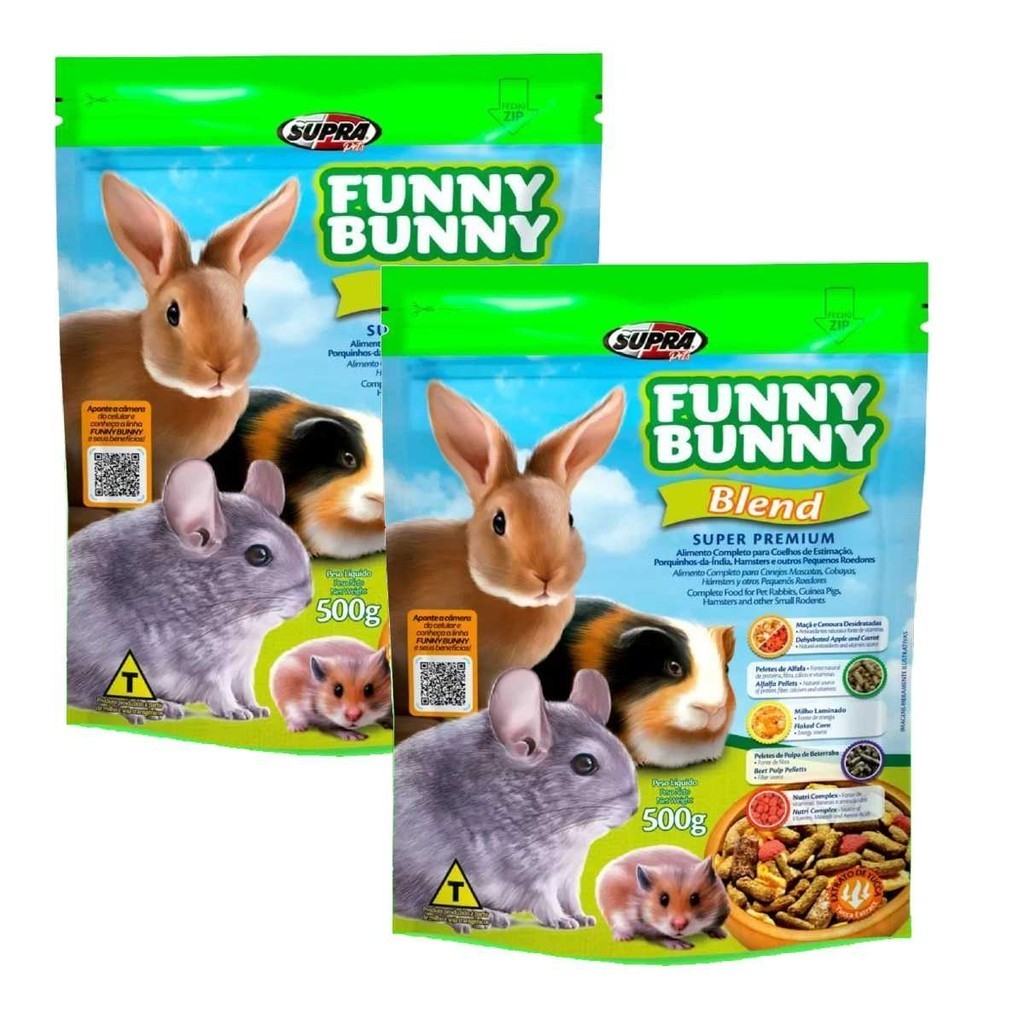 Kit 2 Rações Coelho, Hamster, Porquinho da India e Roedores Funny Bunny Blend 500g