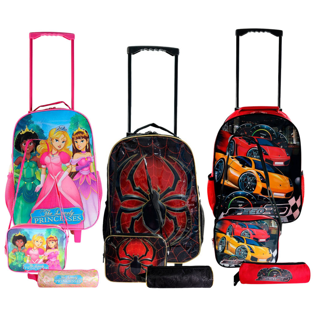 Conjunto Mochila Lancheira Térmica e Estojo Escolar Aranha Carros e Princesas Menino e Menina Modelos