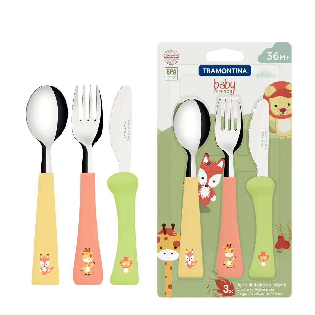 Jogo De Talheres Infantil Tramontina Baby Friends 3 Peças Inox - Home & Living