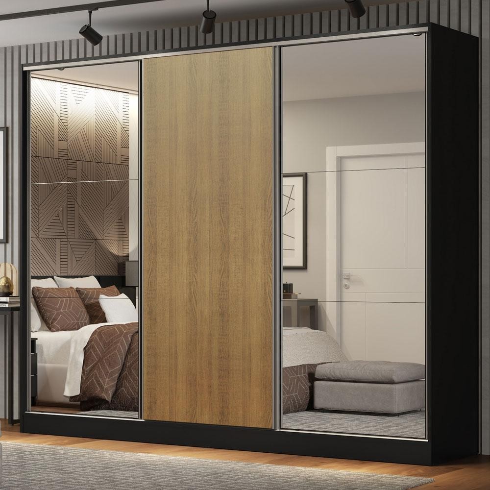 Guarda Roupa Casal 100% MDF Madesa Royale 3 Portas de Correr com Espelhos - Preto/Rustic em Oferta na Shopee