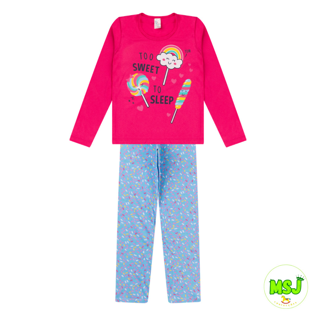 Conjunto Pijama Infantil Feminino Juvenil Blusa + Calça 100% Algodão Confortável Inverno Outono 1a14