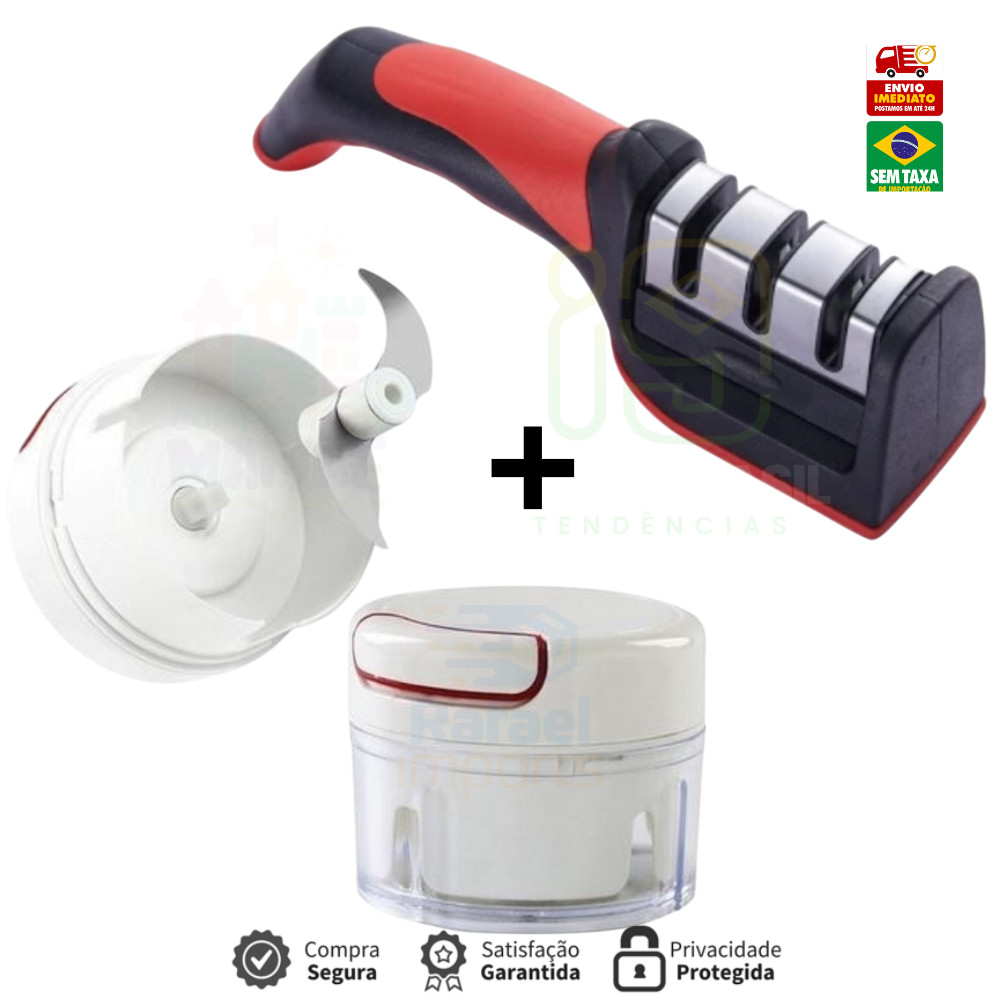 Kit Amolador e Afiador de Facas + Mini Processador Manual Praticidade na cozinha
