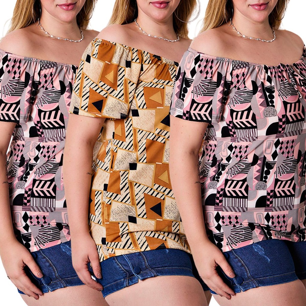 Kit 3 Blusas Bata Ciganinha Plus Size Confortável Dia a Dia Sortida Estampada Liganete Premium