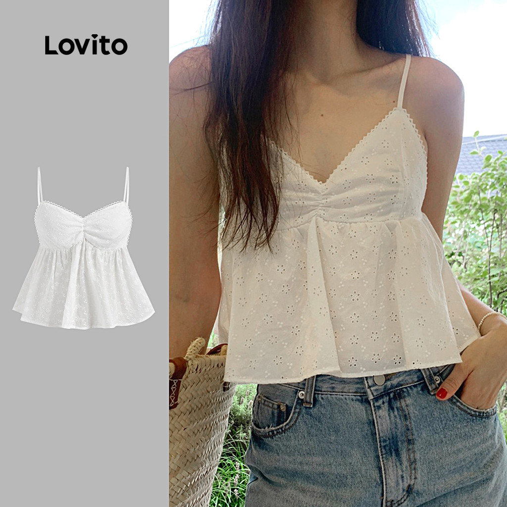 Lovito Casual Plain Plissado Ilhós Bordado Laço Regata para Mulheres L125AD471 em Oferta na Shopee