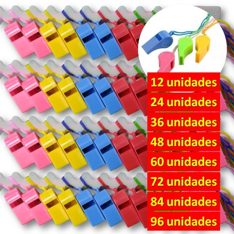 Apito Infantil Colorido Plástico c/12,24,36.48.60,72,84,96 unidades