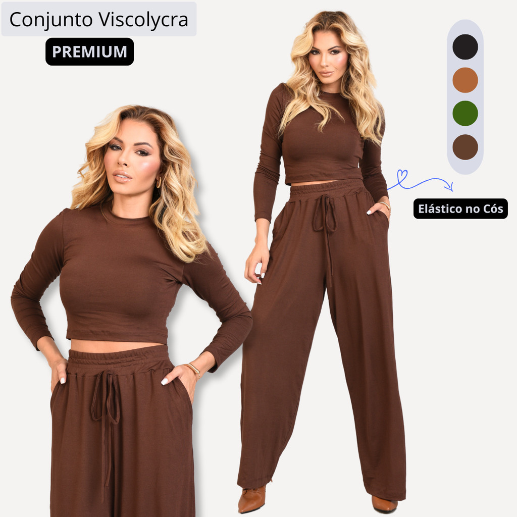 Conjunto Feminino Malha Viscolycra Light Calça Pantalona Flaer Blusa Feminina Confortável ...