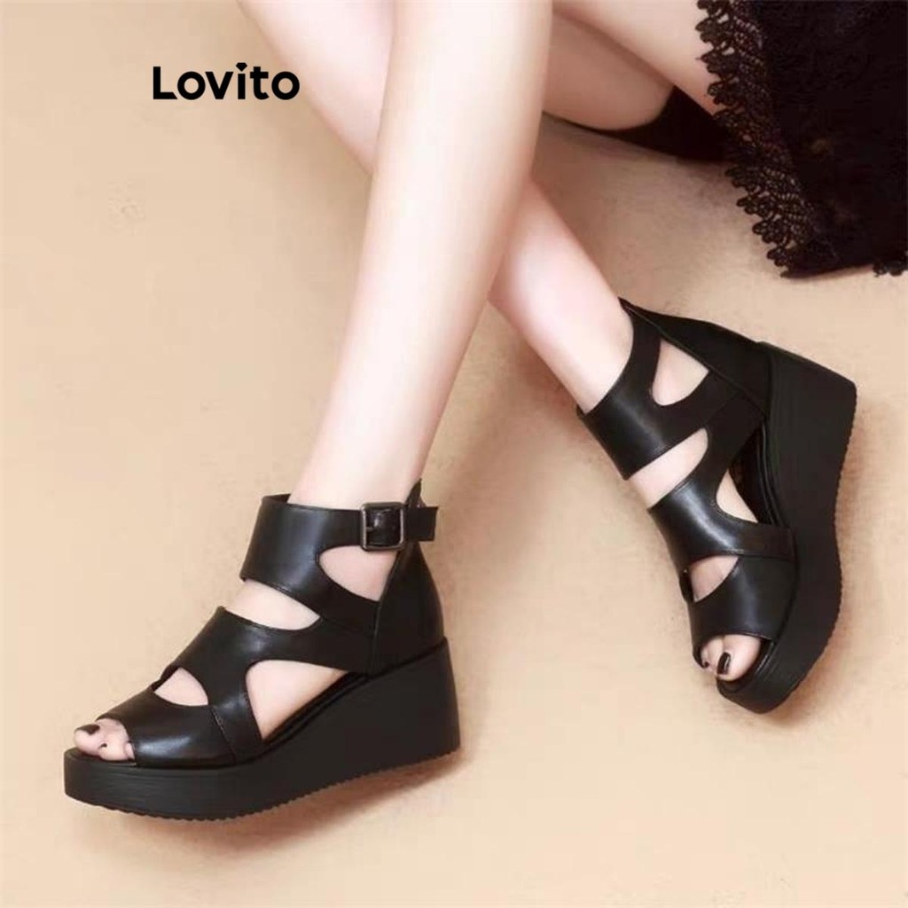 Lovito Sandálias romanas elegantes e lisas Peep Toe Wedge Skeleton Resort Style Heel para mulheres  LFA62181 - Women Shoes
