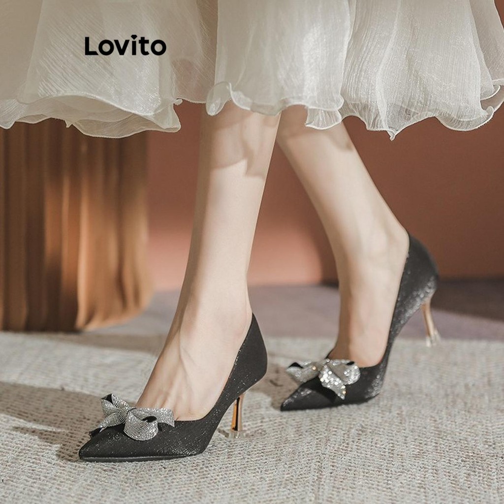 Lovito Salto Elegante Liso Strass Arco Temperamento Cetim Pontiagudo Salto Agulha Para Mulheres LFA62318 - Women Shoes