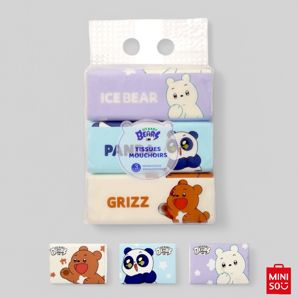 Pacote de Lenços Faciais We Baby Bears Miniso – 3 Pacotes com 100 Folhas Cada | Papel Macio e Absorvente em Oferta na Shopee