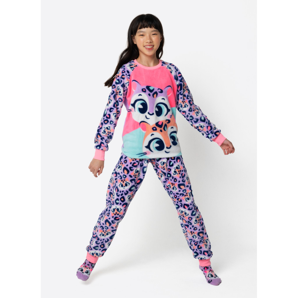 Pijama Infantil Inverno Menina Blusa Manga Longa e Calça Soft 2 Peças Teen Onça Puket