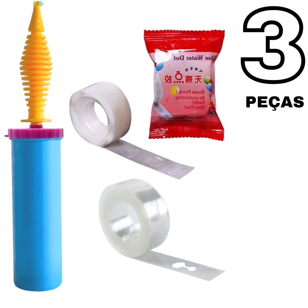 Kit Bomba Manual para Encher Balões Bexiga + Tira Suporte para Arco Desconstruído de 5 metros + Rolo Fita Gota Adesiva