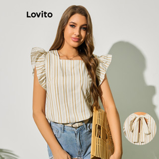 Lovito Boho Blusa Feminina Listrada com Babados e Laço Traseiro LBL09012