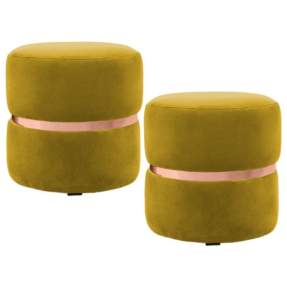 Kit 2 Puffs Decorativos Com Cinto Rosê Round C-279 Veludo Amarelo - Domi