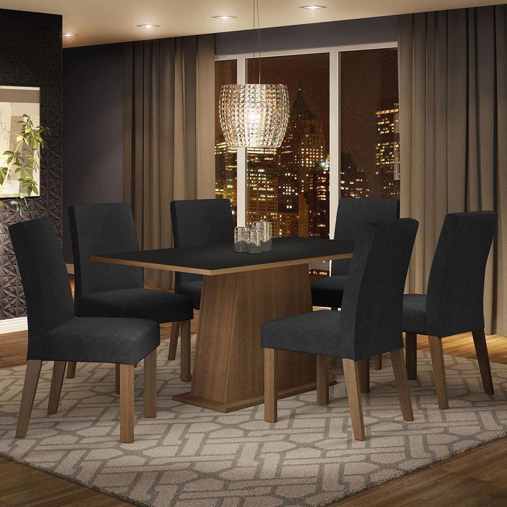 Conjunto Sala de Jantar Mesa Tampo de Madeira  6 Cadeiras Rustic/Preto/Oxford Luciana Madesa - Home & Living