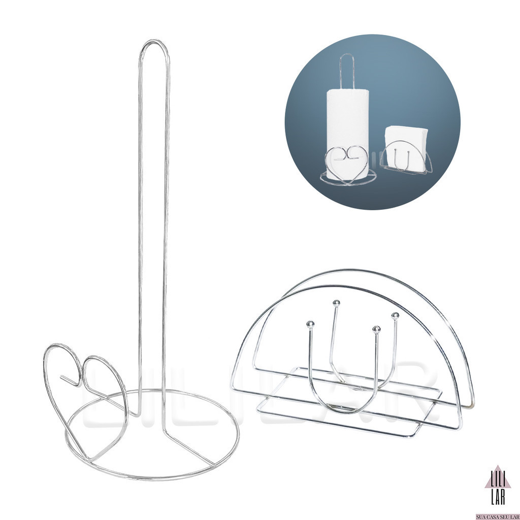 Kit Porta Papel Toalha Rolo e Porta Guardanapo de Mesa Metal Cromado