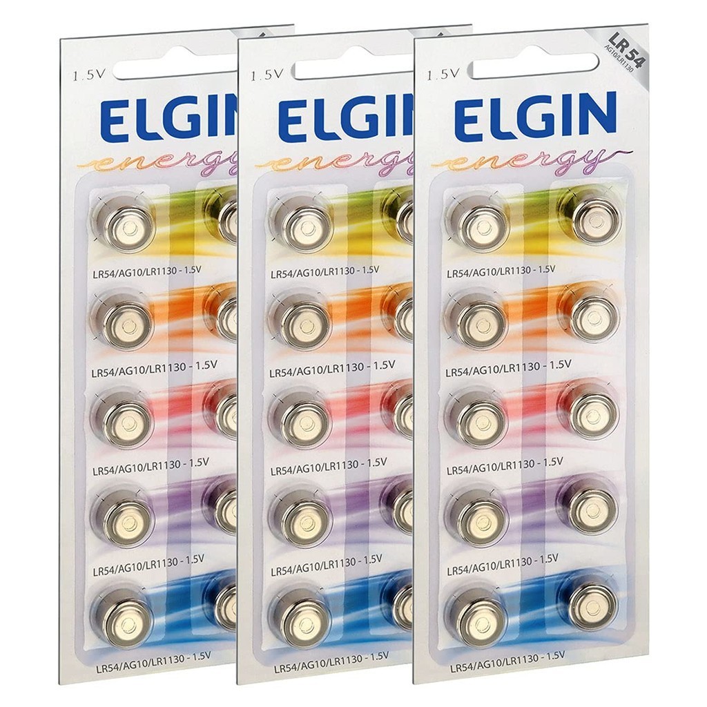 30 Pilhas Baterias LR1130 LR54 AG10 Alcalina Elgin 3 Cartelas C/ 10 Unidades