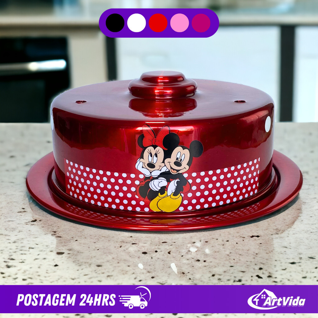 Boleira Porta Bolos N20 Decorada com Mickey e Minnie da Disney - Feita de Metal Resistente e Brilhante - 27cm - Disponível em Vermelho, Rosa Claro, Rosa Escuro, Branco, Preto - Perfeita para Exibir seus Bolos na Mesa da Cozinha com Estilo