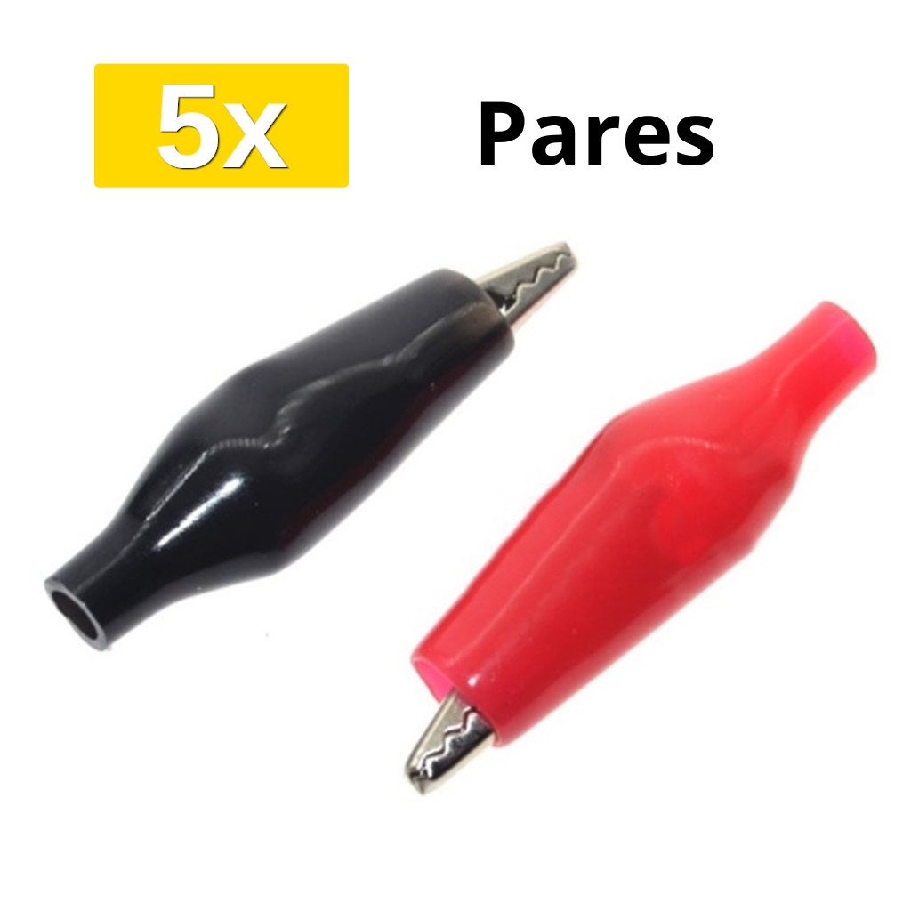 Kit 5x Pares de Garra Jacaré 45mm Isolada Cinco Pretas + Cinco Vermelhas (10 Unidades - 5 de cada)