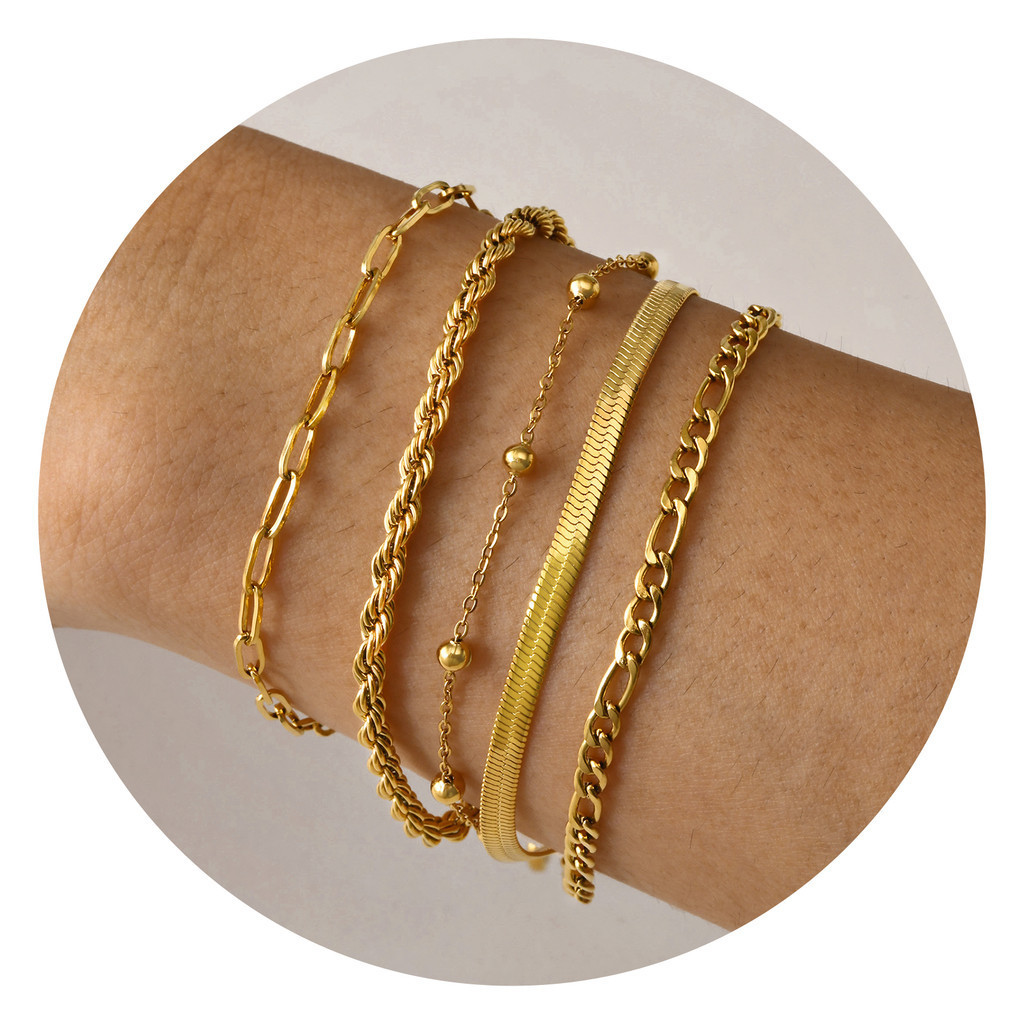 Pulseira De 5 Peças Vnox Conjunto Feminino De Luxo Requintado, Corrente De Ouro 18K, Com Clip De Papel Estaca Torcida Em Camadas De Conexão Ajustável · foto 2