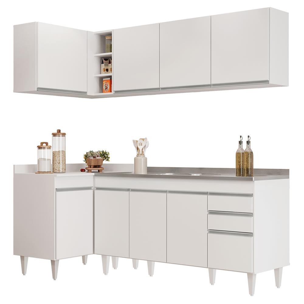 Armário de Cozinha Modulado de Canto Direito 4 Peças CP42 com Pia Inox Branco - Lumil em Oferta na Shopee