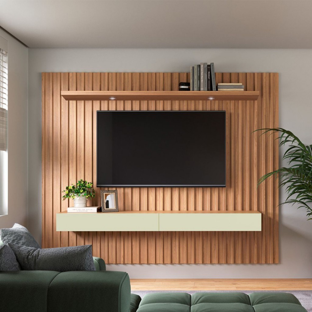 Painel para TV Até 75 Polegadas 2 Gavetas com Led 228cm Ripado Freijó/Off White - Dalla Costa