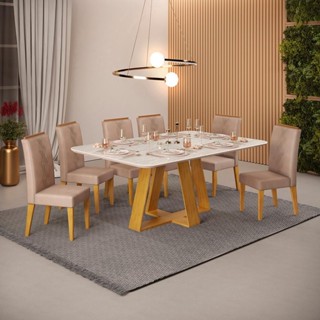 Conjunto Sala Jantar 6 Cadeiras Tampo Sem Vidro 170x90 DJ Móveis Kiara Cedro Quartzo Yasmin Kraft em Oferta na Shopee