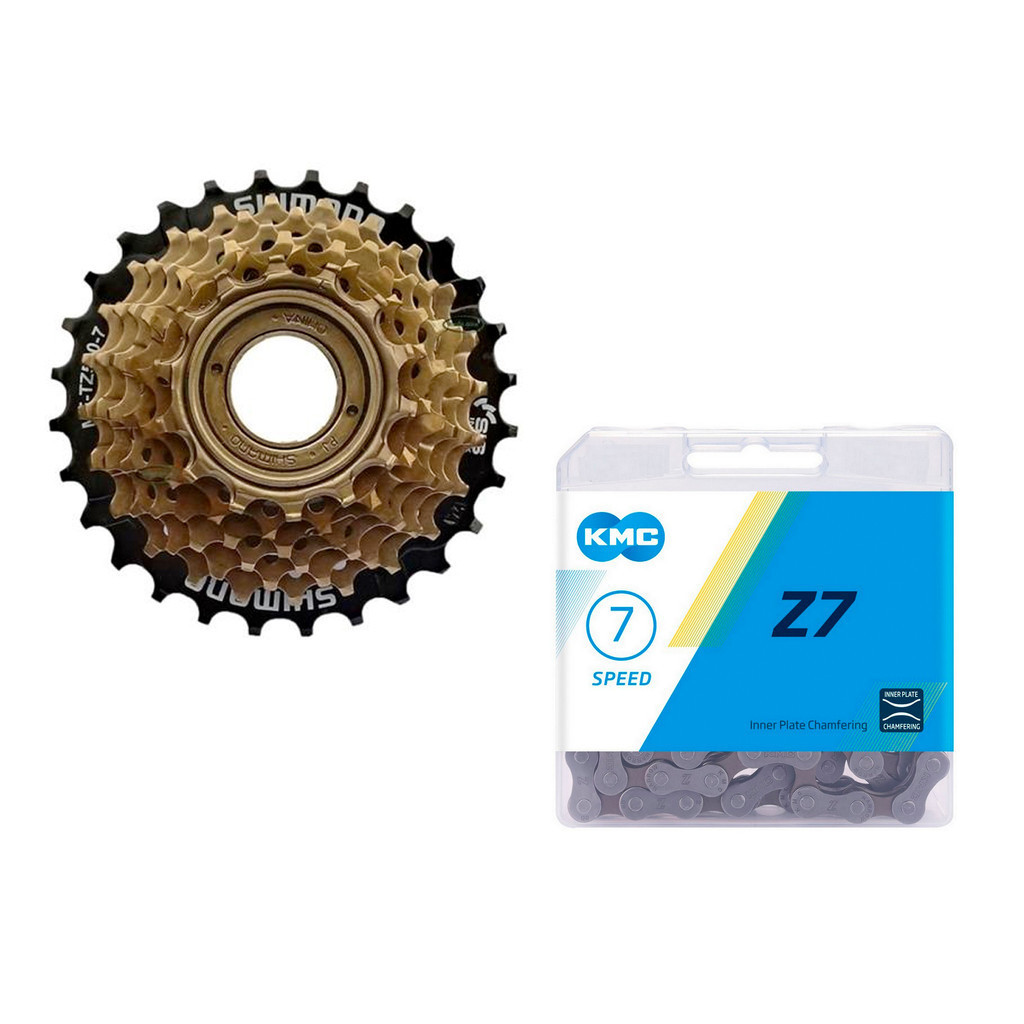 CATRACA / RODA LIVRE SHIMANO TOURNEY MF-TZ500 14/28D 7V + CORRENTE KMC Z7 116 ELOS - P/ CUBO DE ROSCA em Oferta na Shopee
