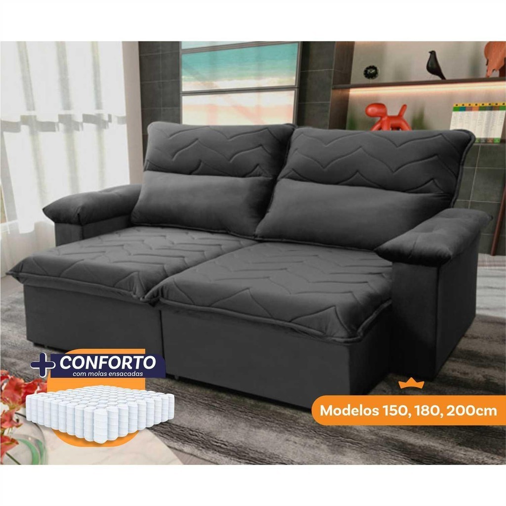 Sofá Retrátil Reclinável Paris 2,00m Suede Velut Cinza Molas Ensacadas - King House - Home & Living