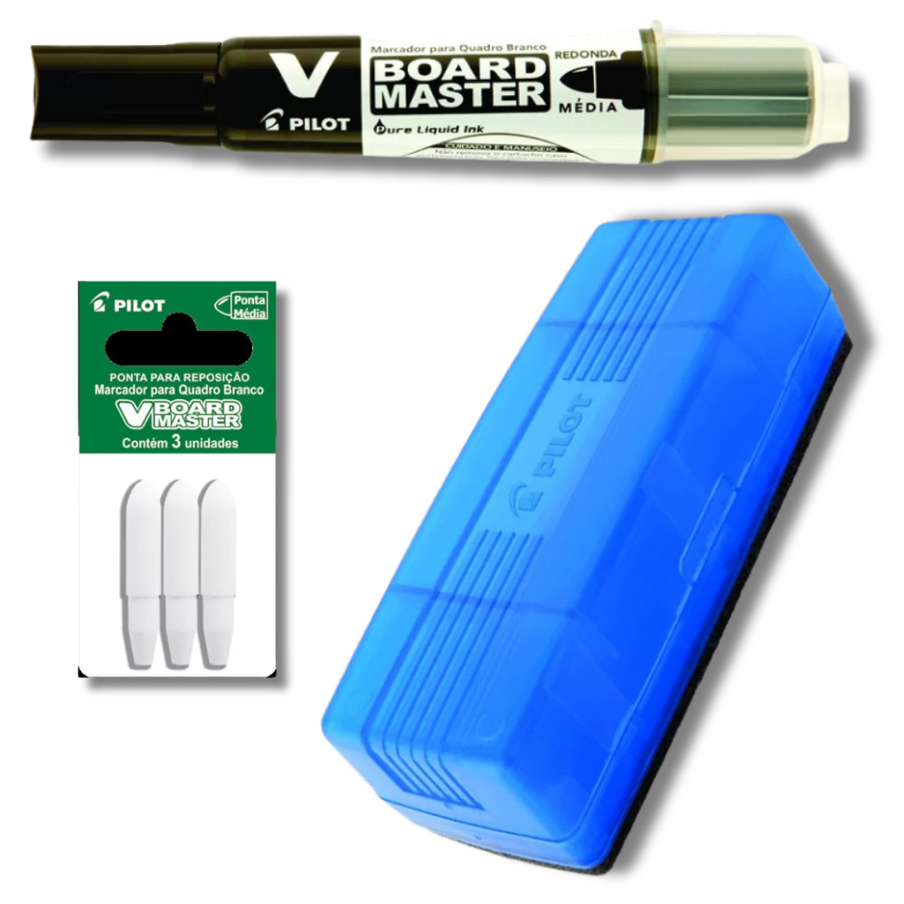 Kit Marcador Quadro Branco Recarregável + Apagador + Ponta para Marcador PILOT Preto