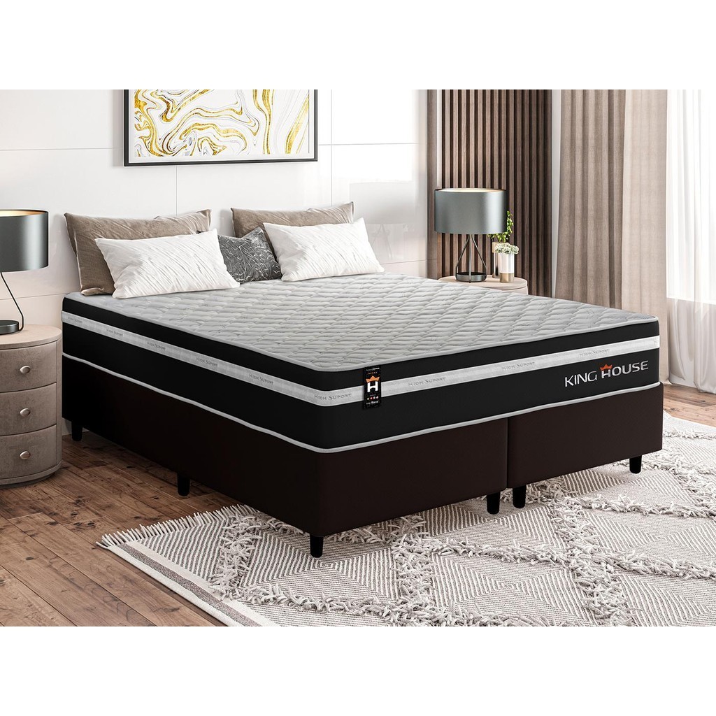 Conjunto Cama Box c/ Molas Ensacadas Durham Preto King 193x203x60