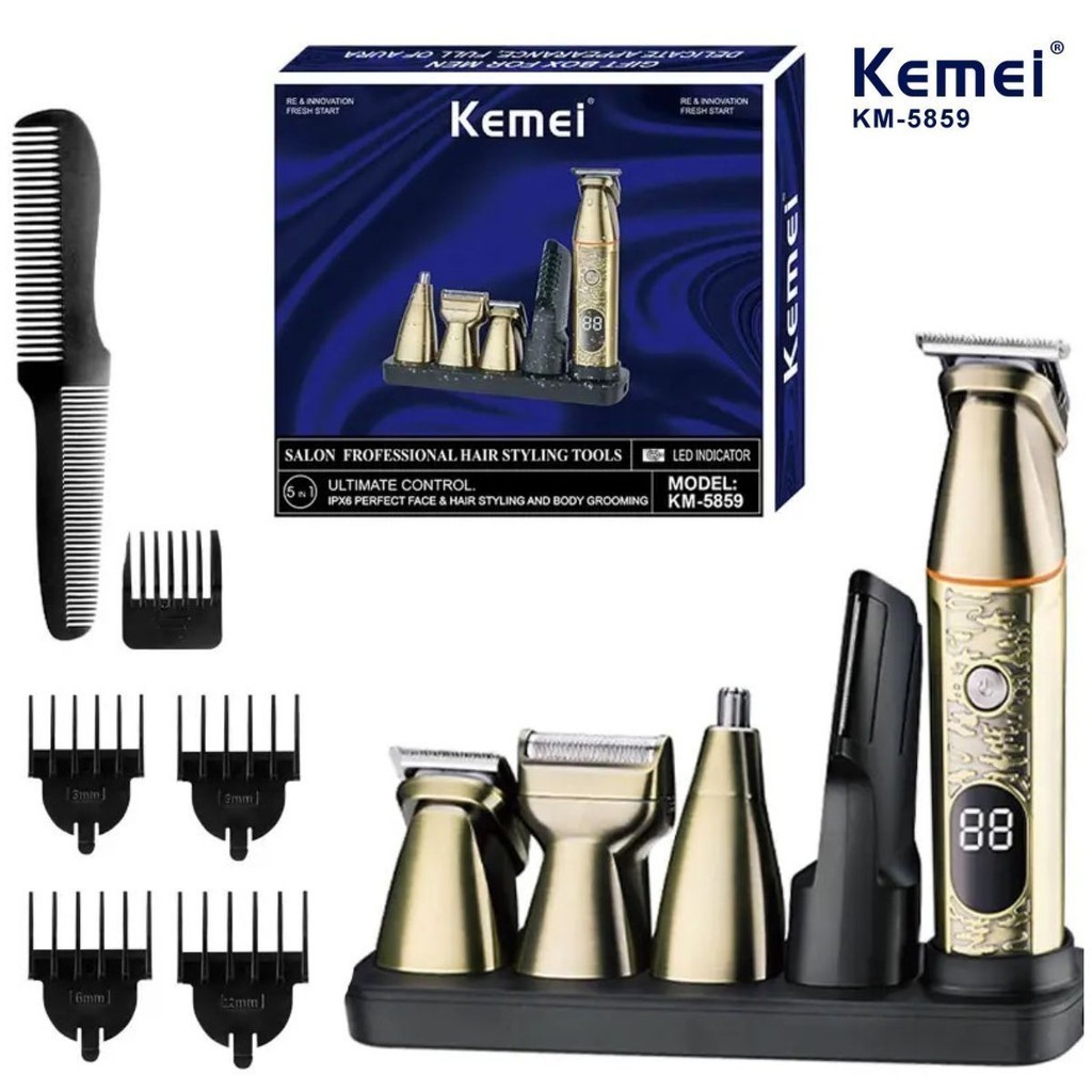 Máquina de Cortar Cabelo/Barba kit profissional 5 em 1 Kemei KM-5859 - 110-220V Bivolt Original