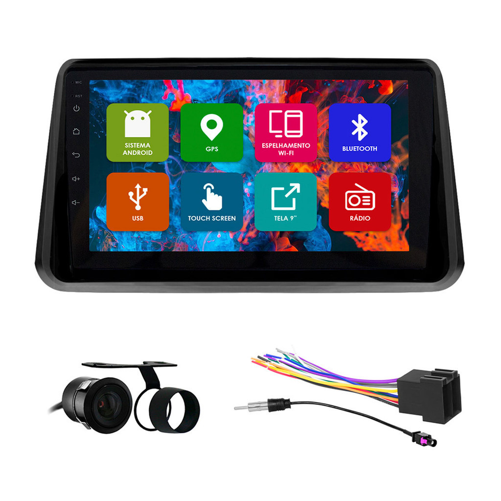 Kit Multimídia 9 Pol Argo 18 19 20 21 22 23 Android 2Gb Ram 32Gb Flash Quad-Core 2 Din Preto Wifi Gps Ips Camera Ré