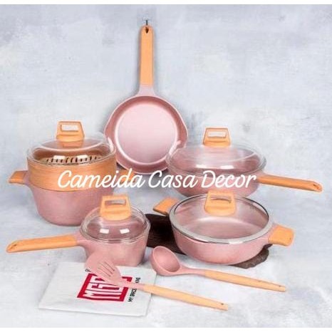 Jogo de Panelas Luxo Importada Rosa Revestimento de Granito MGC 13 Peças com Cesto de Vapor de Bambo e Avental MGC