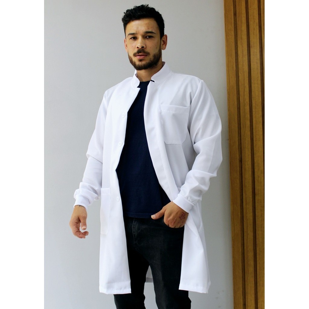 Jaleco Masculino Oxford Branco, Botão Embutido, Gola Padre, Elástico Punho, Acinturado, Manga Longa, Medicina