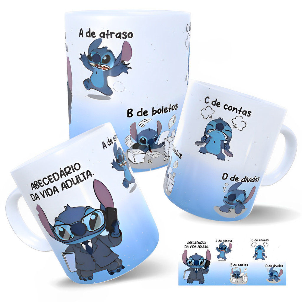 Caneca Stitch Abecedário da Vida Adulta - A de Atraso, B de Boletos, C de Contas, D de Dívidas - Lembrancinha Festa Festa Xicara Cerâmica Disney Desenho Porcelana Promoção Bonita Caneca Lembrancinha Kit Festa Aniversário Presente Dia dos Pais Revender