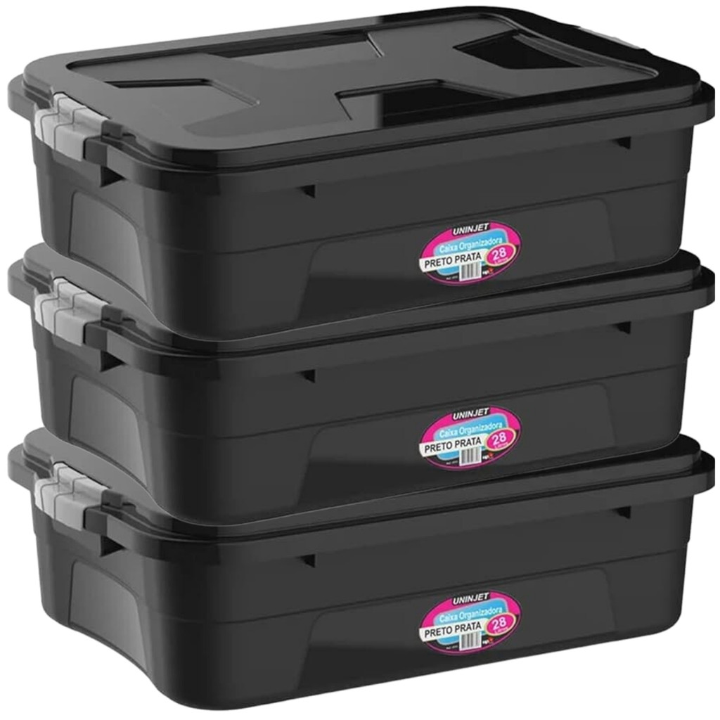 3 Caixas Com Tampa Para Organizar Objetos Tamanho Grande 28l Com Travas — imagem 2 de 2