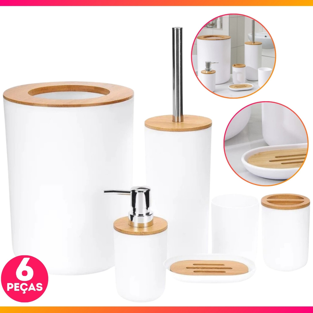 Kit Banheiro Conjunto 6 Pçs Completo Lixeira Tampa Basculante Bambu Lavabo Moderno Escova Sanitária