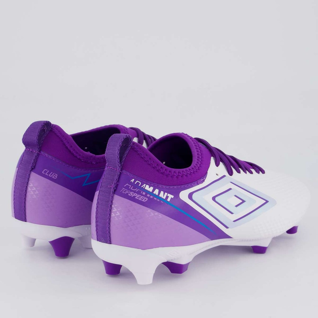 Detalhes do Chuteira Umbro Adamant Top Speed Club Campo Branca e Roxa