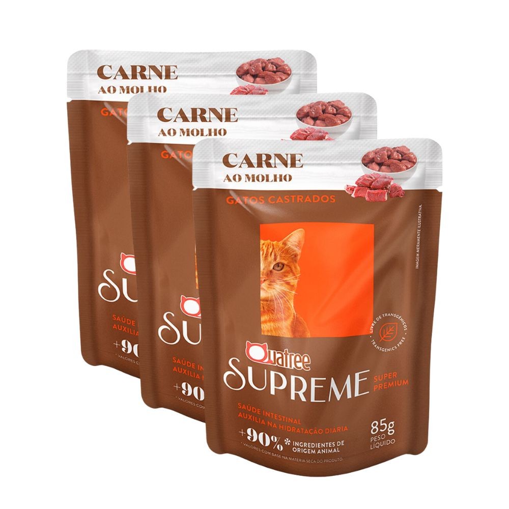 Kit 3 Ração Úmida para Gatos Castrados Quatree Supreme Super Premium Carne ao Molho 85g - Pets