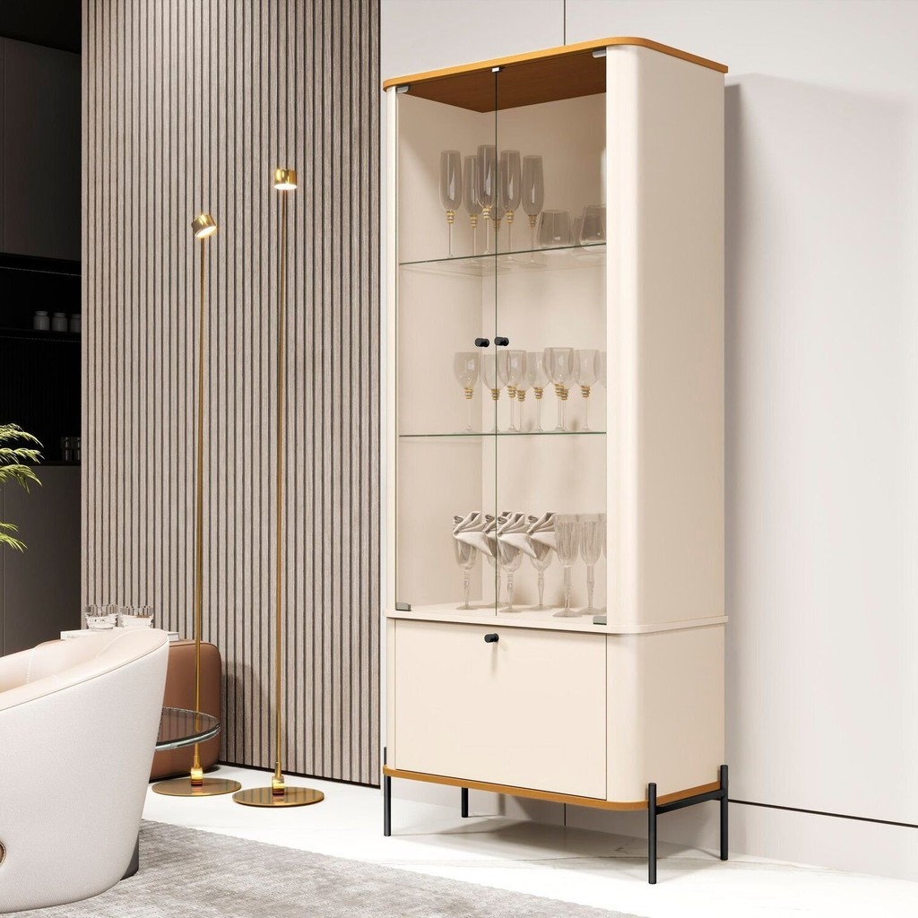 Cristaleira Curva 3 Prateleiras e Portas em Vidro Puxador e Pés em Metal Tucupi Off White/Nature/Preto em Oferta na Shopee